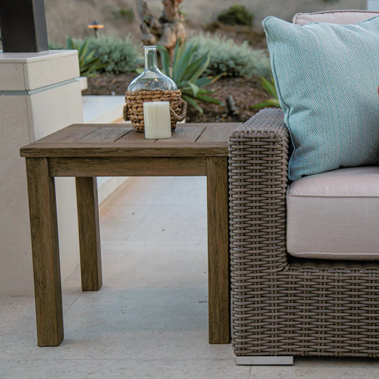 Coastal Outdoor Teak End Table by Sunset West in teak. Made from teak in a modern style.
