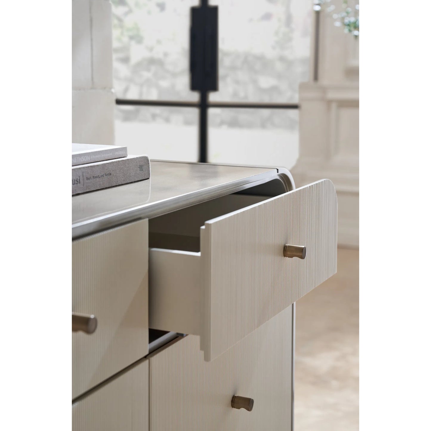 005 SI-2162861 | Closeup | Circadian Dresser by Caracole in dark chocolate, gold and ivory, brushed whisper of gold paint, dark chocolate. Made from poplar in a modern style.