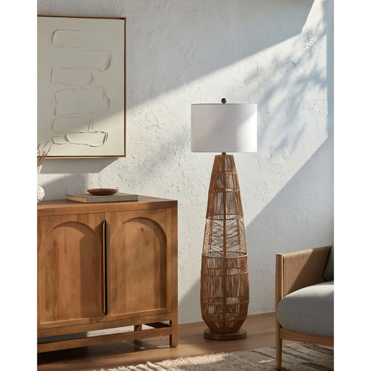 Zuru Accent Floor Lamp by Surya in white, wheat, translucent, metallic nickel. Made from rattan, linen, plastic, resin in a rustic style.