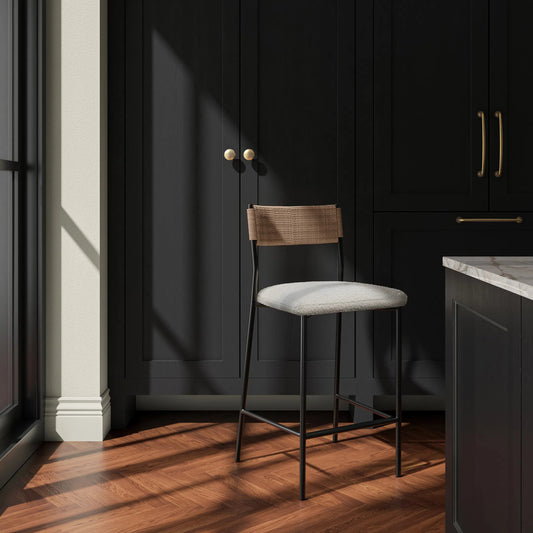 Foley Counter Stool by Moe's Home Collection in white. Made from upholstery: 95% polyester, 5% acrylic, paper rope, iron, foam in a transitional style.