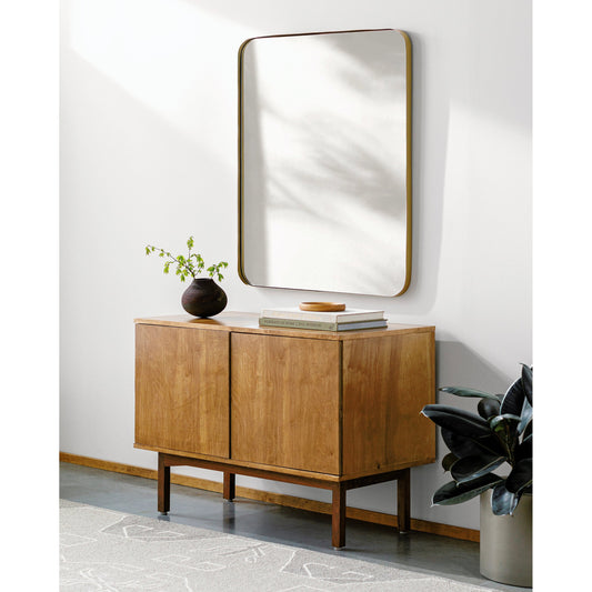 Zuhan Indoor/Outdoor Rectangular Mirror by Surya in gold and powder coated. Made from frame: metal, substrate: manufactured wood in a modern style.