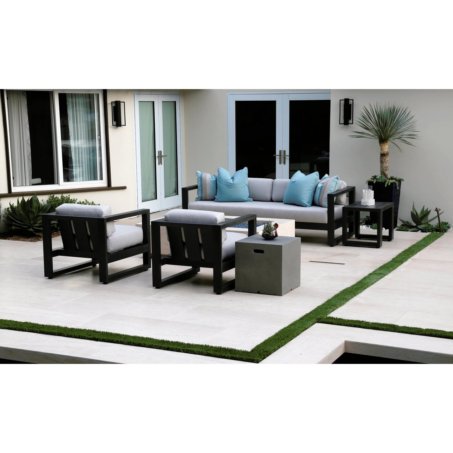 008 SI-2166974 | Lifestyle | Redondo Outdoor Sofa by Sunset West in slate. Made from aluminum in a modern style.