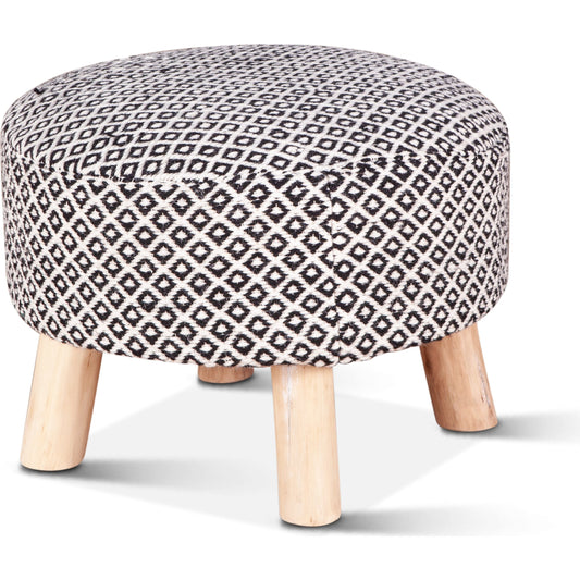 Algiers Upholstered Handloom Durry Stool by World Interiors in black. Made from bamboo wood, wool, cotton blend fabric, pu foam in a eclectic & global style.