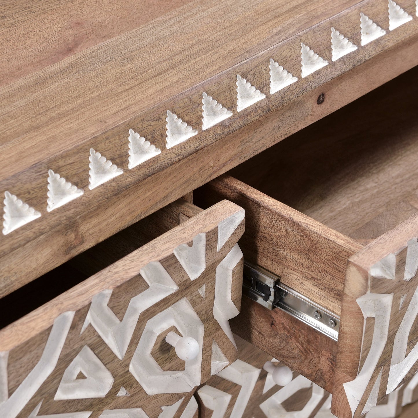 005 SI-1750349 | Closeup | Haveli Mango Wood Geometric Carved Dresser by World Interiors in white. Made from mango wood in a eclectic & global style.