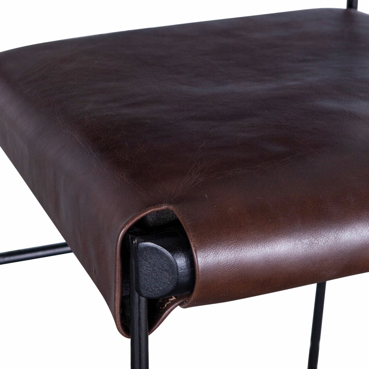 010 SI-1750368 | Closeup | Melbourne Bar + Counter Chair by World Interiors in dark brown and black. Made from reclaimed iron, leather in a modern style.