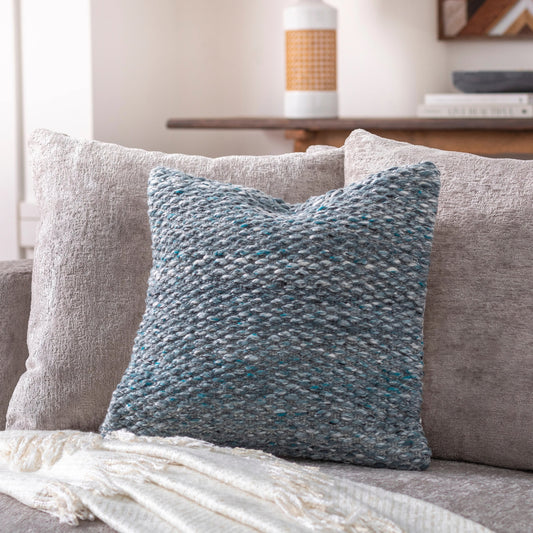 Zayden Pillow - 8918 by Surya in medium gray, dark green, blue, white. Made from front: 100% recycled pet yarn, back: 100% polyester in a modern style.