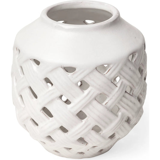 Forillon I Glazed Lattice Pattern Vase by Mercana in white. Made from unique in a coastal style.