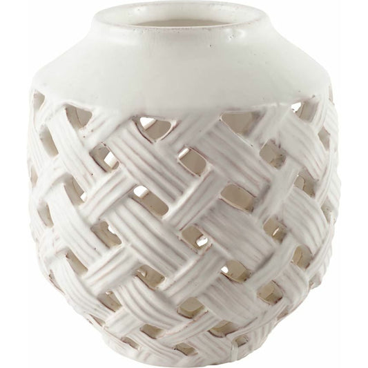 Forillon I Glazed Lattice Pattern Vase by Mercana in white. Made from unique in a coastal style.