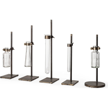 Jarvis Dark Glass Chemistry Inspired Bottles Set of Five by Mercana in dark brown metal. Made from unique in a modern style.