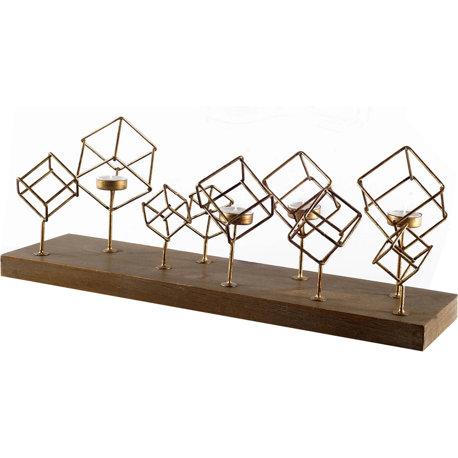 Salvador II Wood Base Brass Cube Tea Light Table Candle Holder by Mercana in antique brass. Made from wood, brass in a modern style.