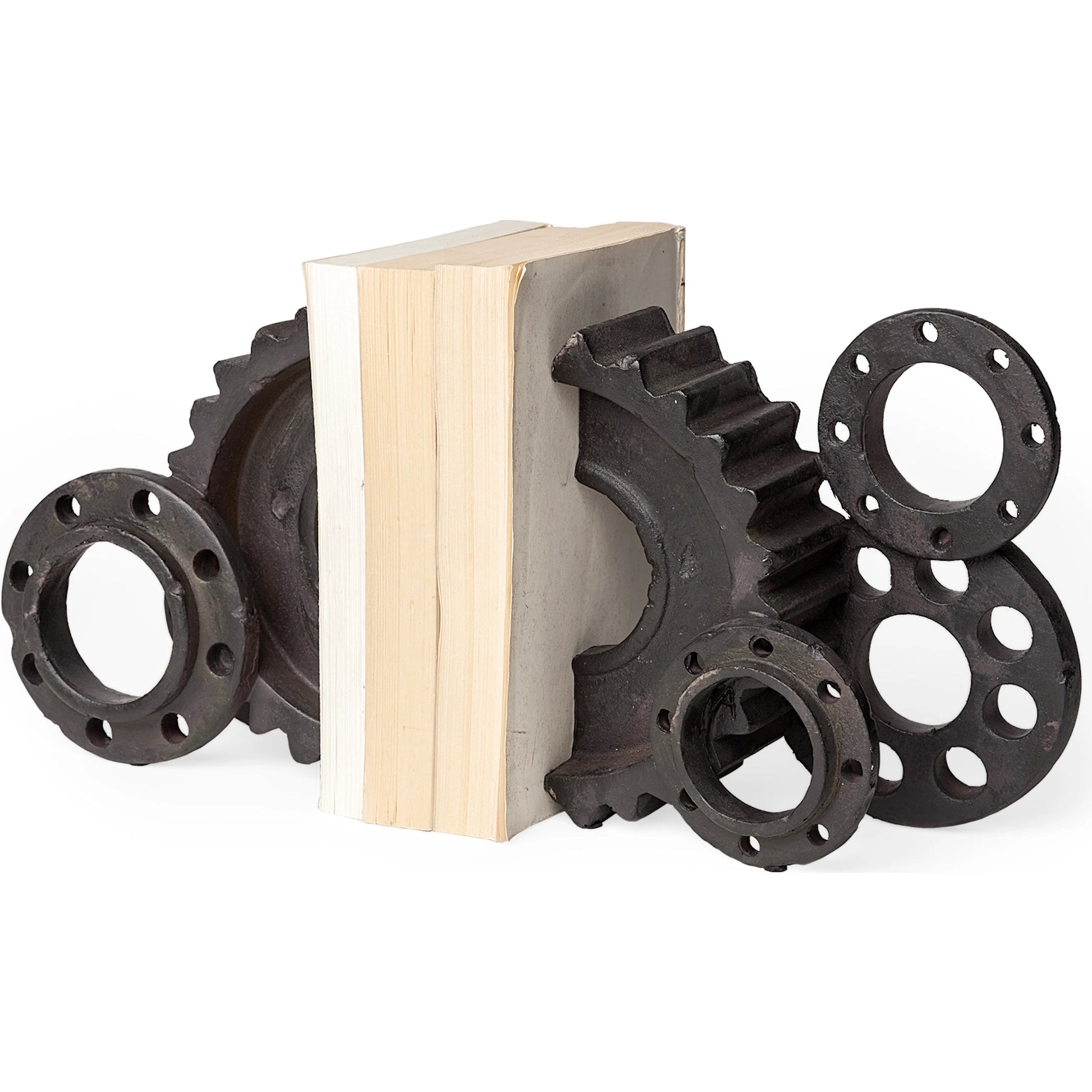 Cogsworth Resin Industrial Gear Bookends Set of Two by Mercana in gray. Made from resin in a modern style.