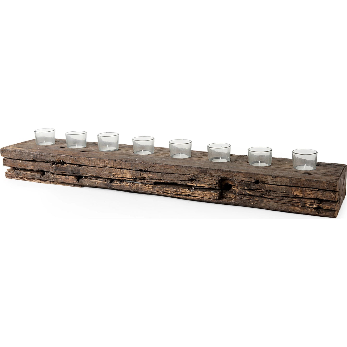 027 SR-746308 | Primary Silo | Lakara Reclaimed Wood Eight Tealight Table Candle Holder by Mercana in brown. Made from wood in a rustic style.