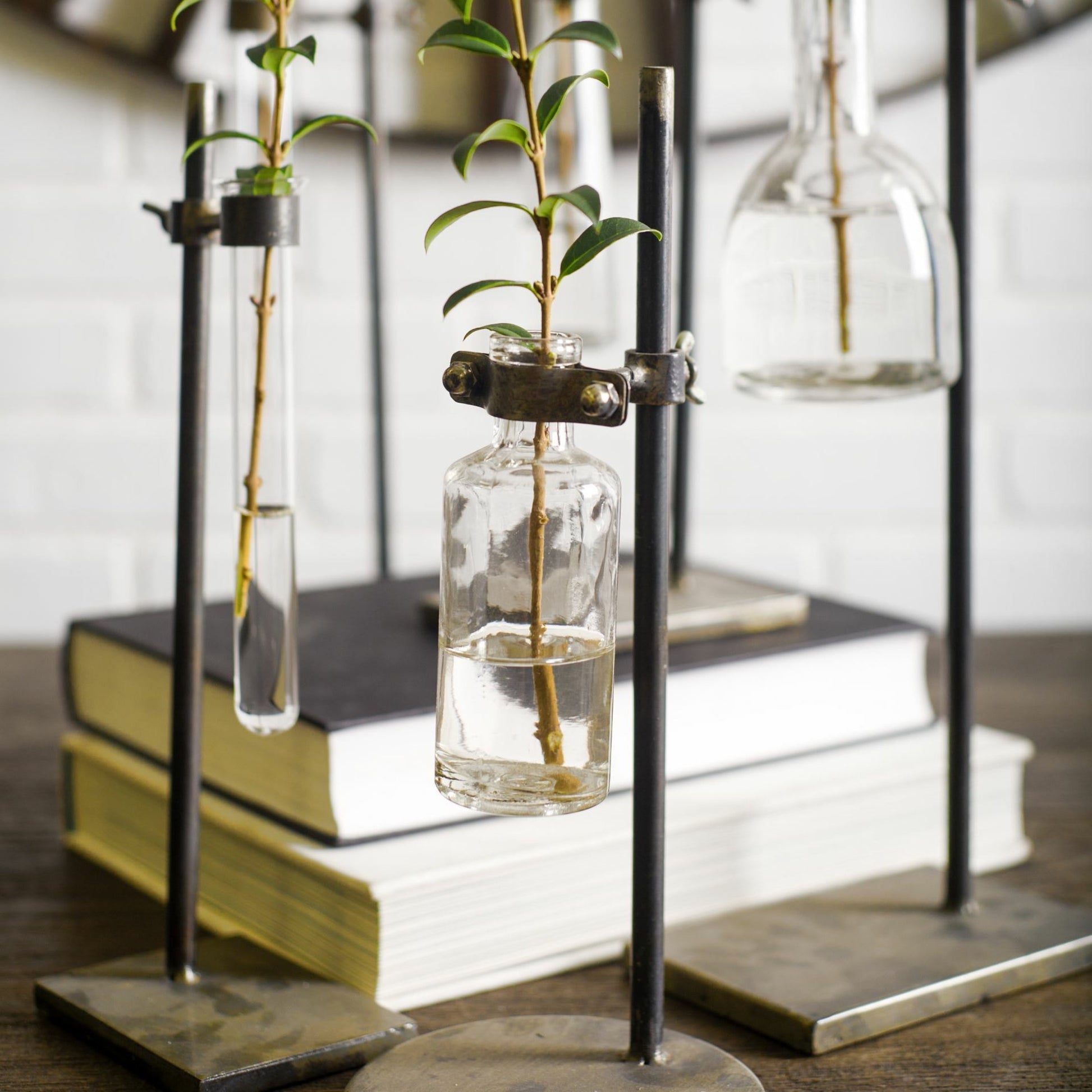 Jarvis Dark Glass Chemistry Inspired Bottles Set of Five by Mercana in dark brown metal. Made from unique in a modern style.