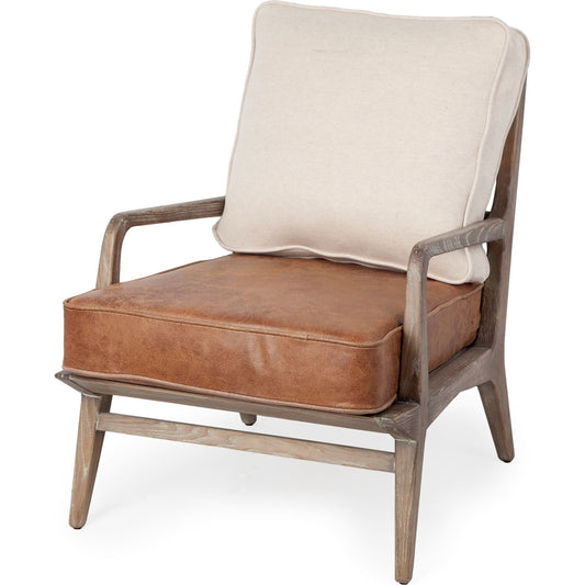 Harman Leather Accent Chair by Mercana in cream. Made from wood, top grain leather in a rustic style.