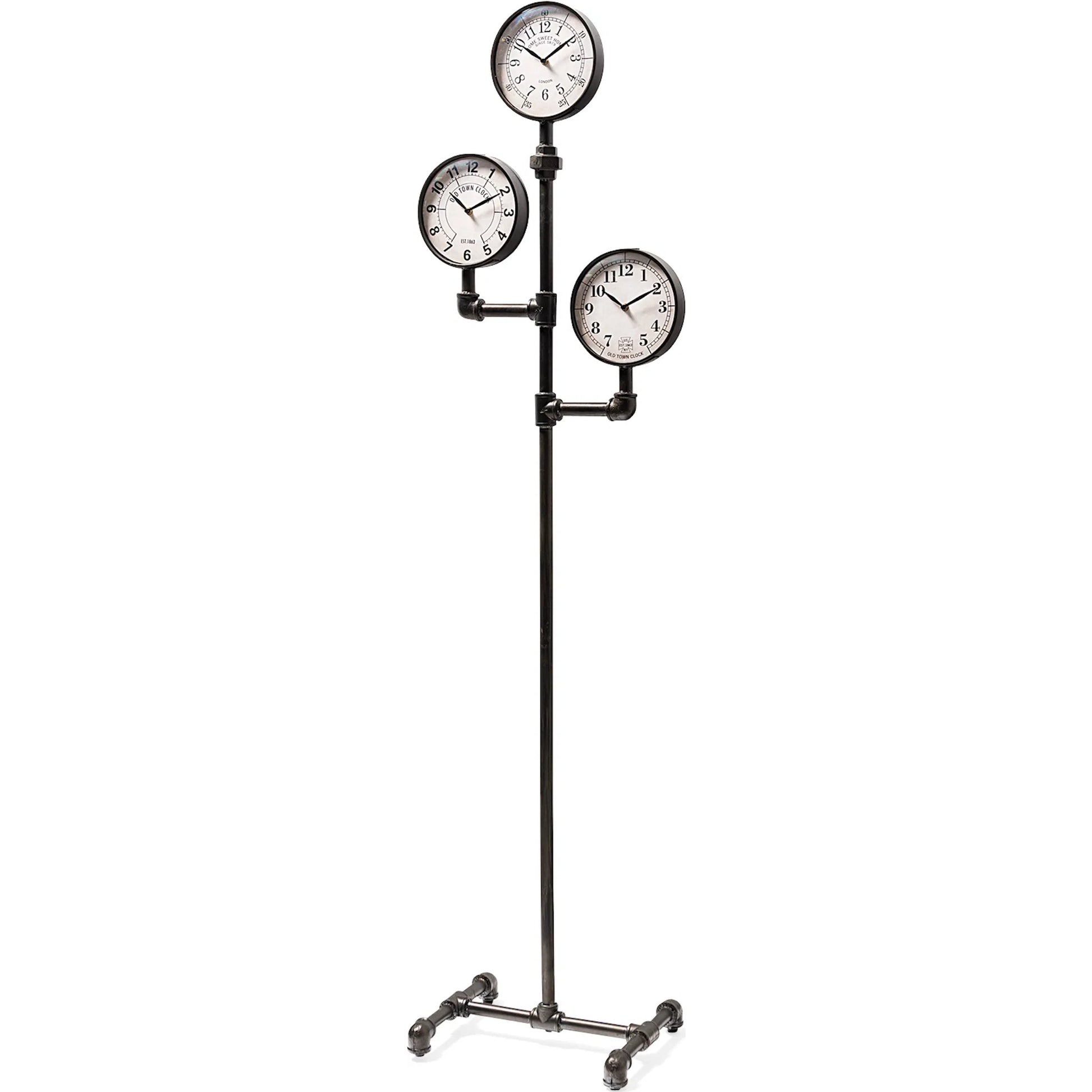 Trifect Iron Pipe Three Face Floor Clock by Mercana in black. Made from metal in a modern style.