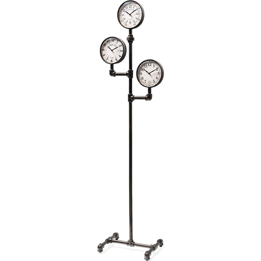 Trifect Iron Pipe Three Face Floor Clock by Mercana in black. Made from metal in a modern style.