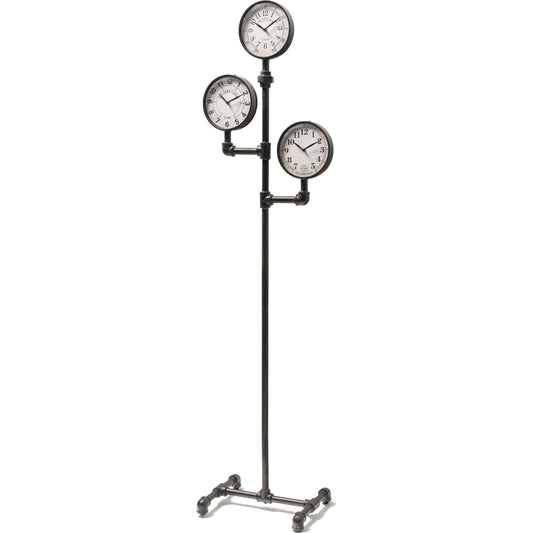 Trifect Iron Pipe Three Face Floor Clock by Mercana in black. Made from metal in a modern style.
