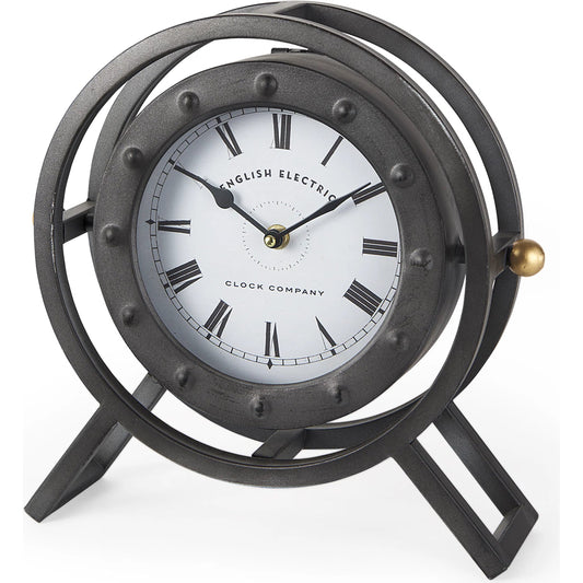 Gaston Gray Circular Table Clock by Mercana in black, white. Made from metal in a modern style.