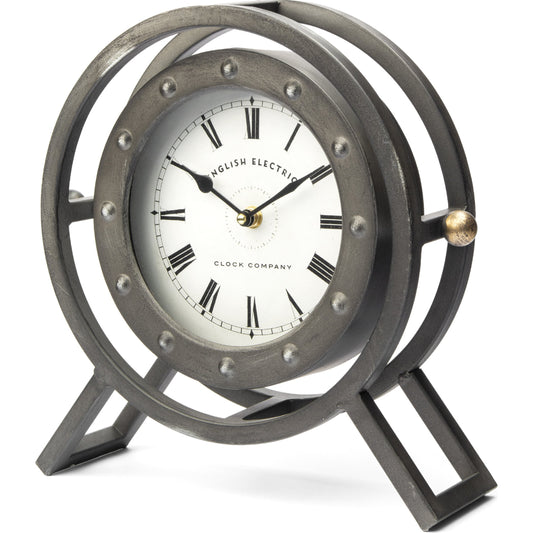 Gaston Gray Circular Table Clock by Mercana in black, white. Made from metal in a modern style.
