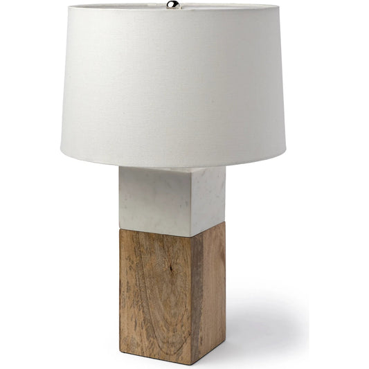 Woodrow Table Lamp by Mercana in white, brown. Made from wood in a modern style.