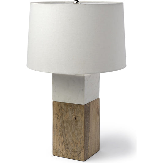 Woodrow Table Lamp by Mercana in white, brown. Made from wood in a modern style.