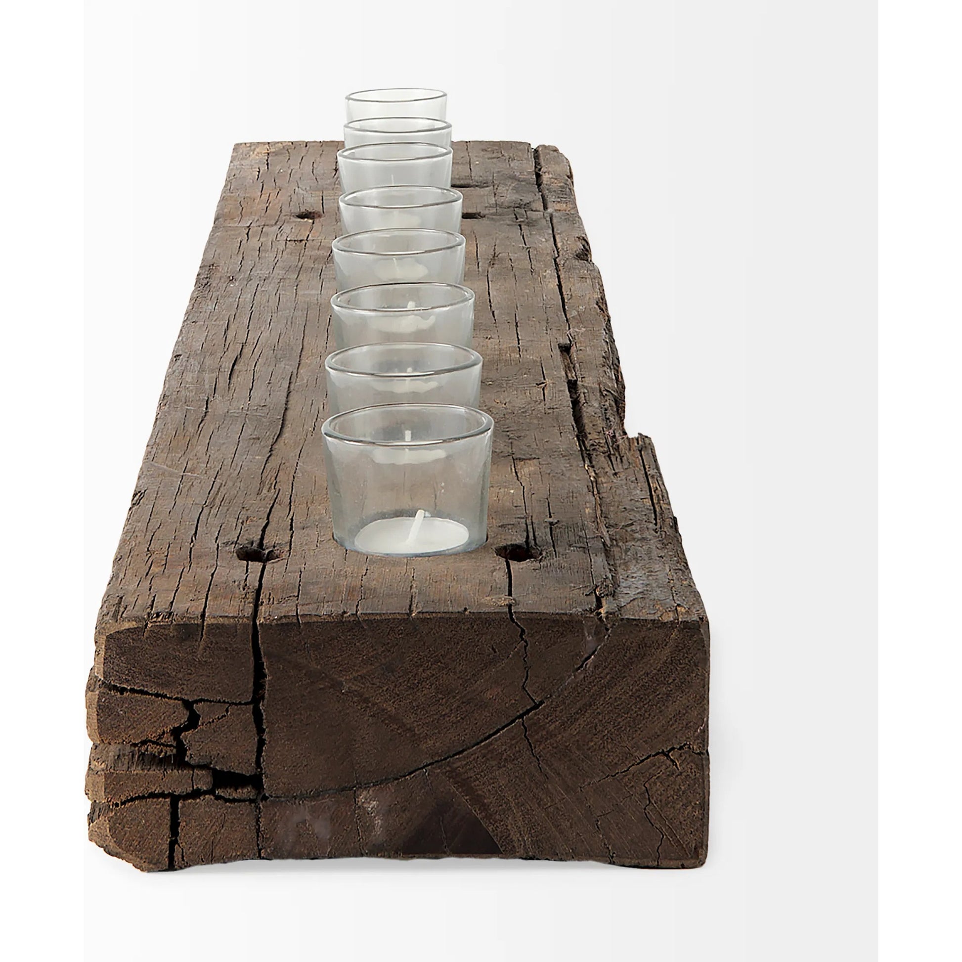 Lakara Reclaimed Wood Eight Tealight Table Candle Holder by Mercana in brown. Made from wood in a rustic style.