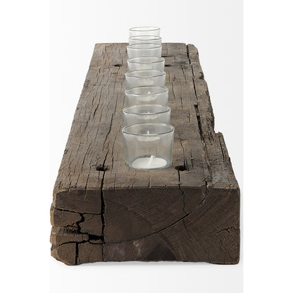 Lakara Reclaimed Wood Eight Tealight Table Candle Holder by Mercana in brown. Made from wood in a rustic style.