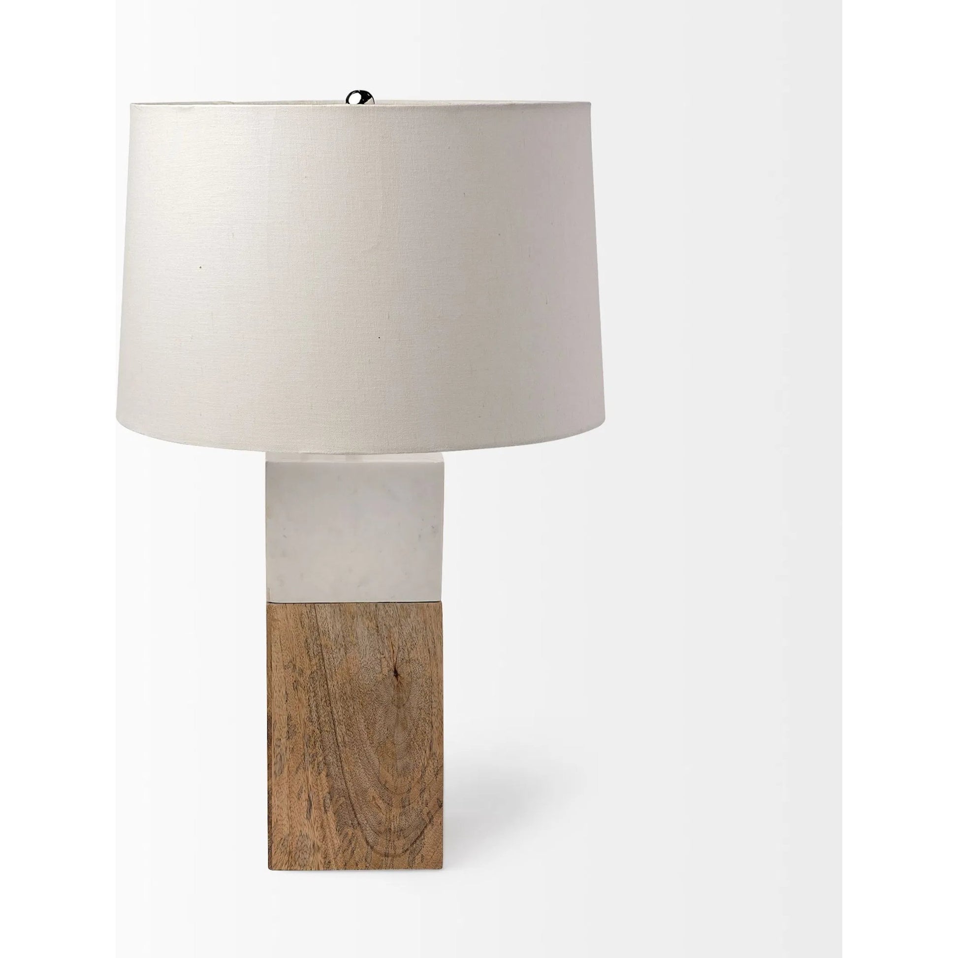 Woodrow Table Lamp by Mercana in white, brown. Made from wood in a modern style.