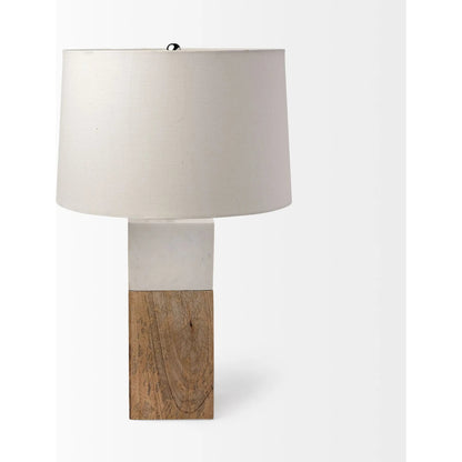 Woodrow Table Lamp by Mercana in white, brown. Made from wood in a modern style.