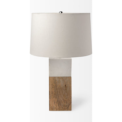 Woodrow Table Lamp by Mercana in white, brown. Made from wood in a modern style.