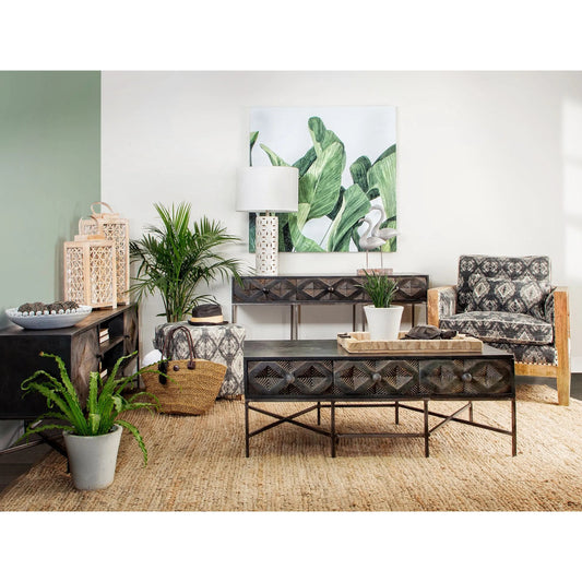 Hogarth Coffee Table by Mercana in dark stained. Made from mango wood in a rustic style.