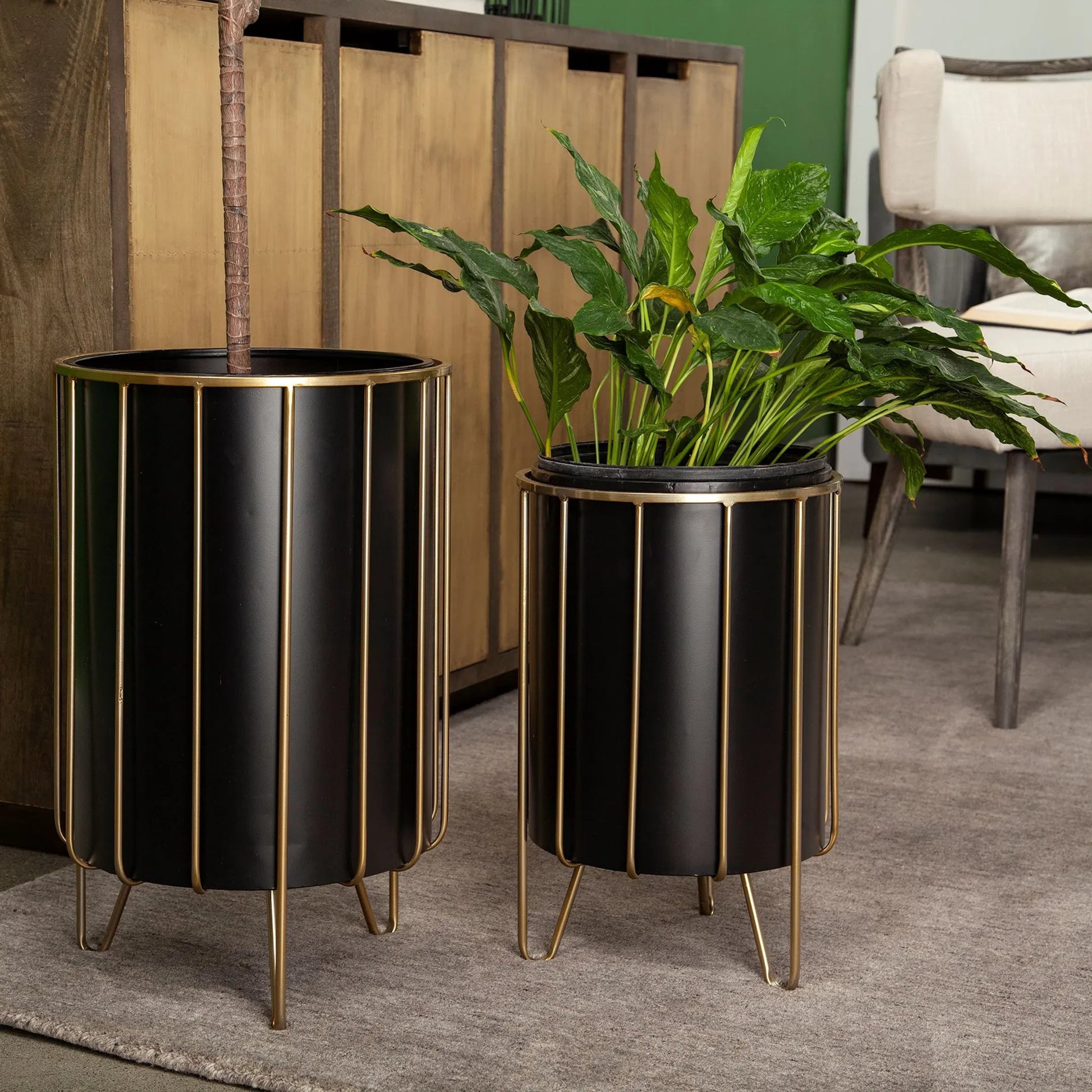 Pianta Insert Brass Plant Stands Set of Two by Mercana in matte black, antiqued brass. Made from unique in a modern style.