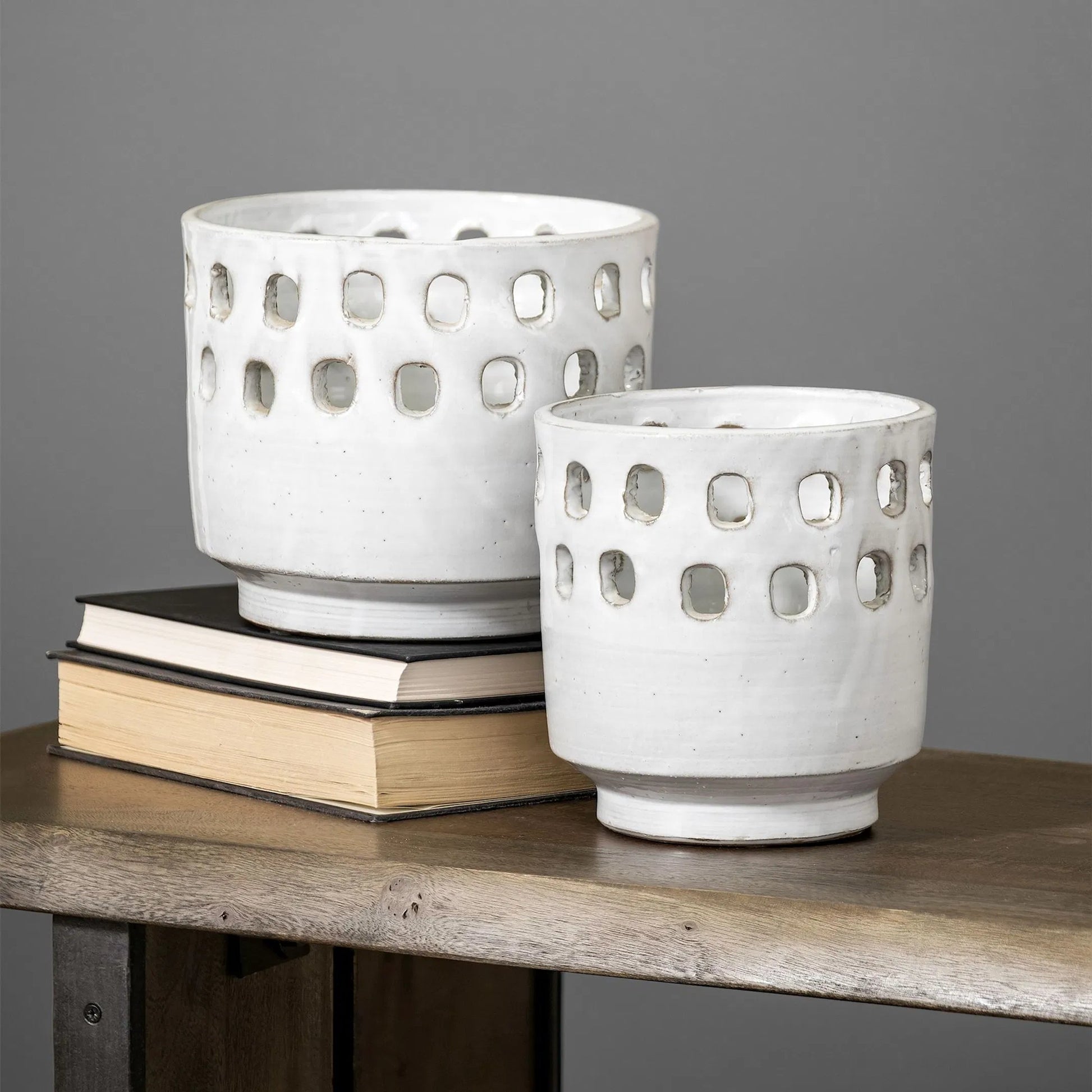 Larissa Hollow Pattern Vases Set of Two by Mercana in pearl white. Made from ceramic in a eclectic & global style.
