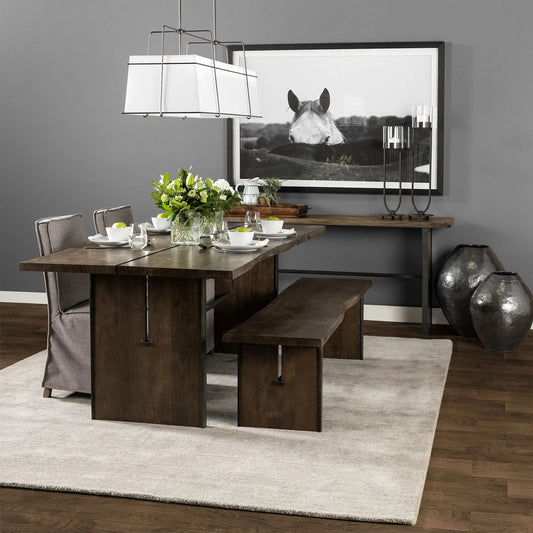 Ledger Dining Table by Mercana in brown. Made from wood in a modern style.