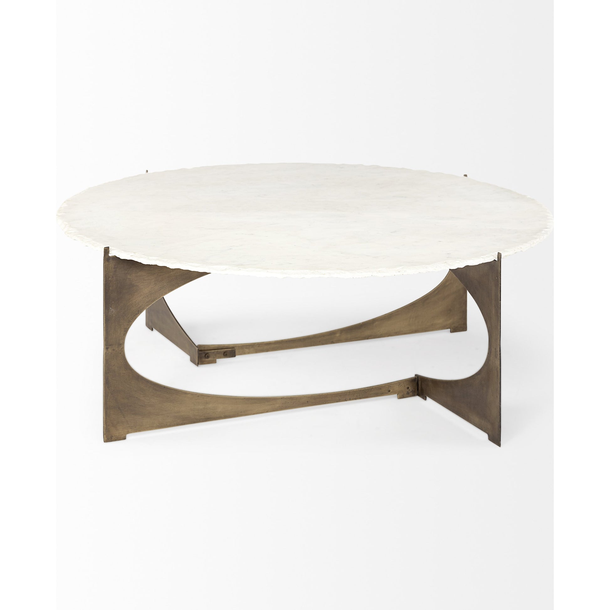 Reinhold Round Coffee Table by Mercana in white, antique gold. Made from marble, metal in a modern style.