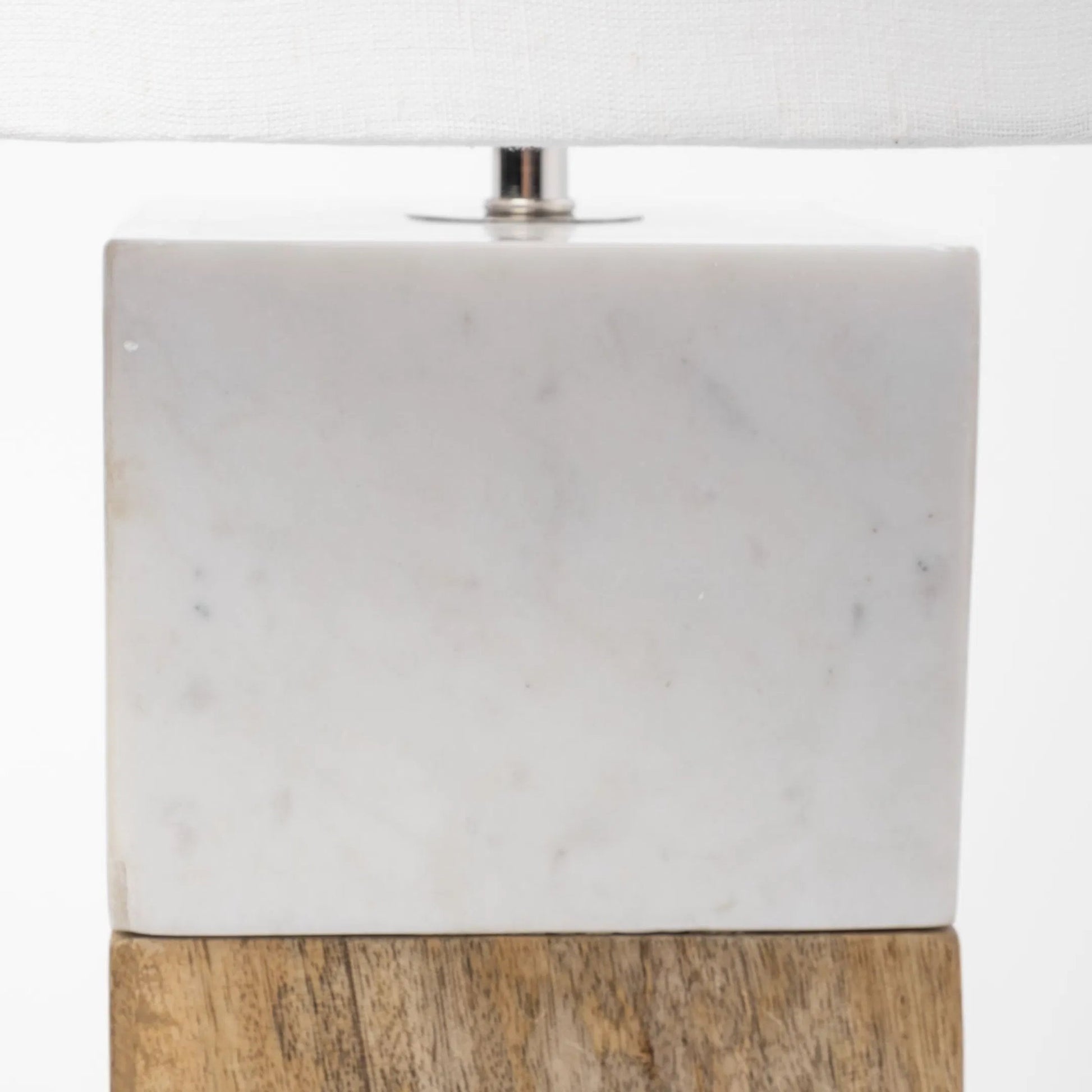 Woodrow Table Lamp by Mercana in white, brown. Made from wood in a modern style.