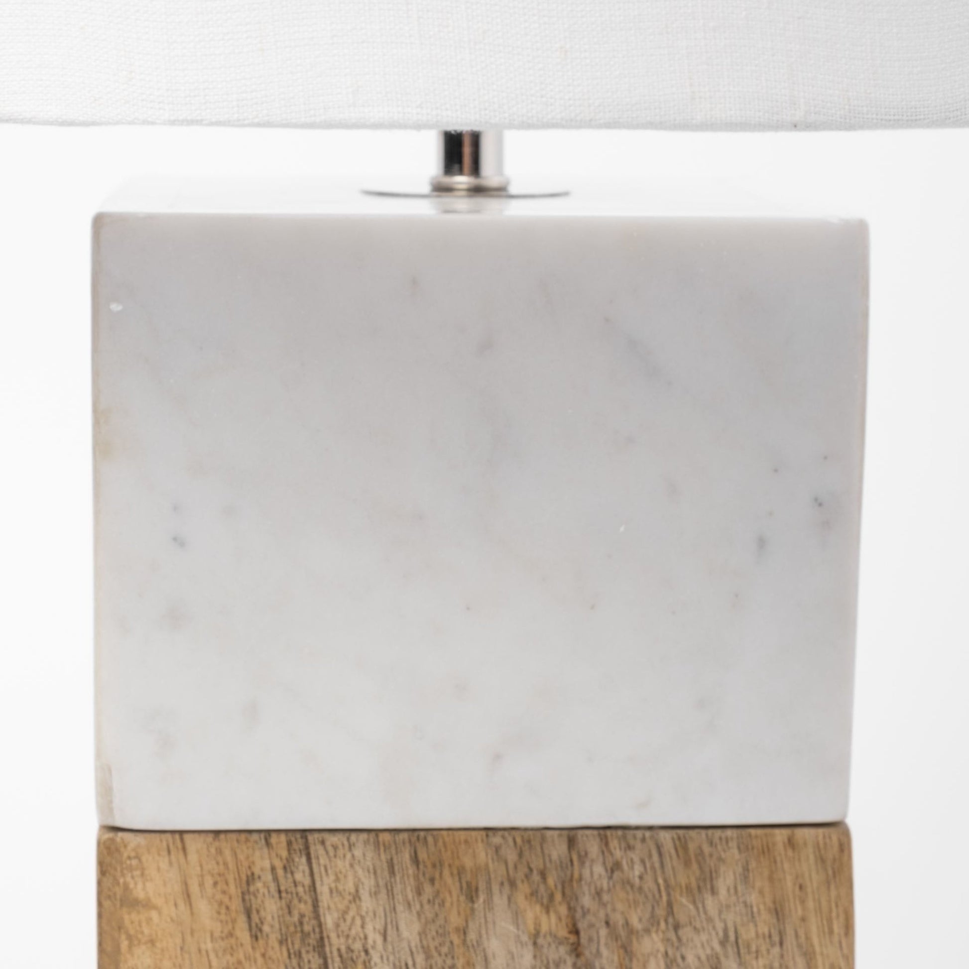Woodrow Table Lamp by Mercana in white, brown. Made from wood in a modern style.