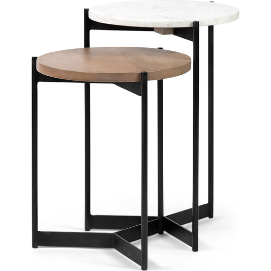 Larkin End/Side Table by Mercana in natural mango wood, white marble. Made from unique in a modern style.