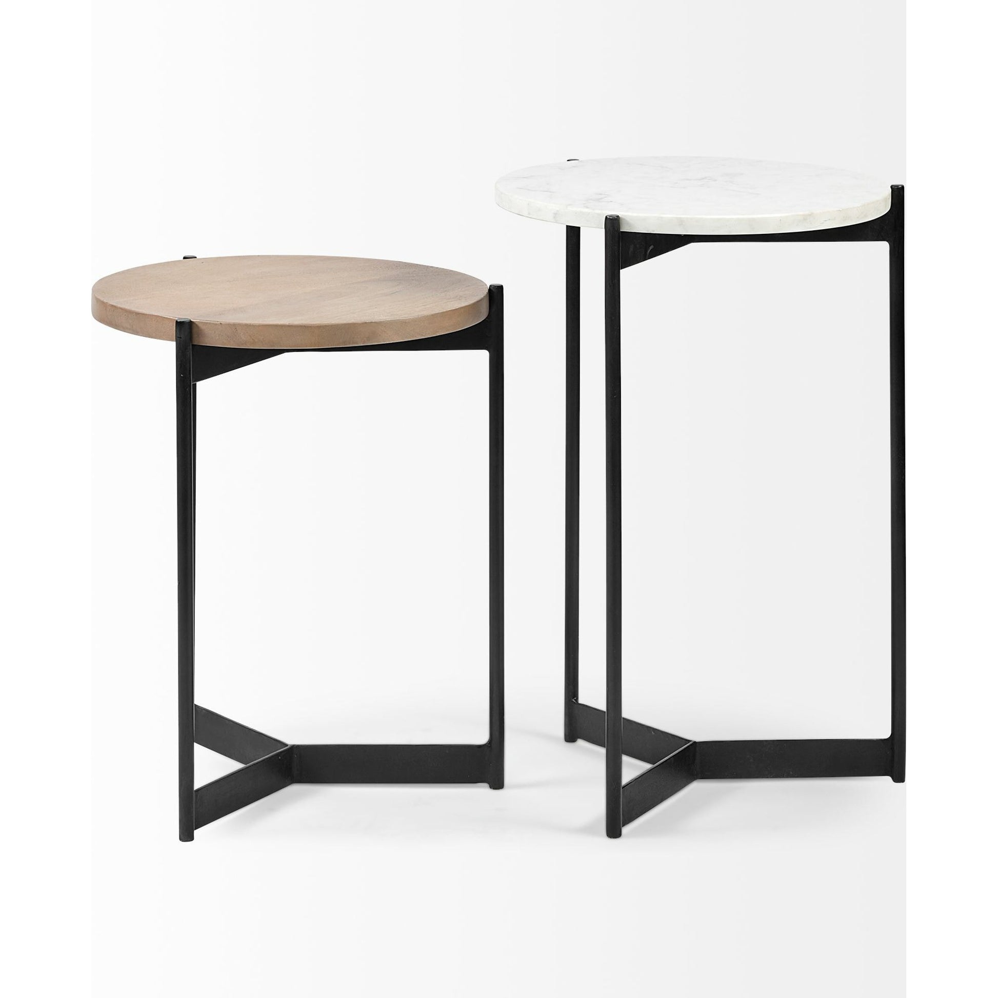 Larkin End/Side Table by Mercana in natural mango wood, white marble. Made from unique in a modern style.