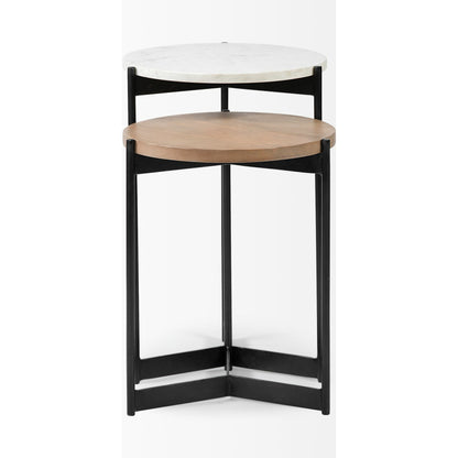 Larkin End/Side Table by Mercana in natural mango wood, white marble. Made from unique in a modern style.