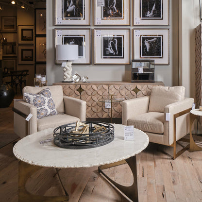 Reinhold Round Coffee Table by Mercana in white, antique gold. Made from marble, metal in a modern style.