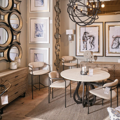 Laurent Dining Table by Mercana in white, brass. Made from marble, metal in a modern style.