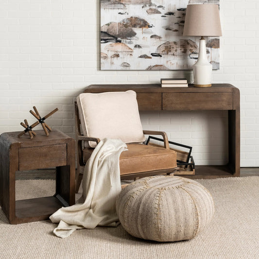 Harman Leather Accent Chair by Mercana in cream. Made from wood, top grain leather in a rustic style.