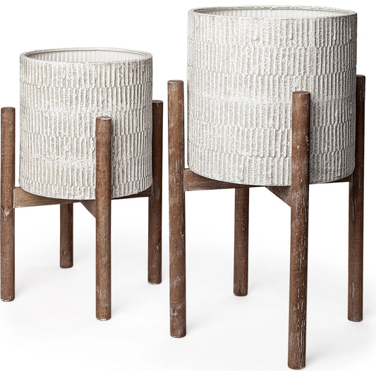 Groot Eggshell Wooden Base Plant Stands Set of Two by Mercana in eggshell. Made from unique in a eclectic & global style.