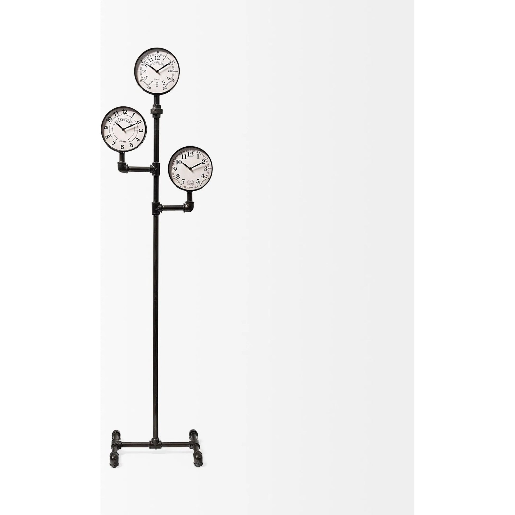 Trifect Iron Pipe Three Face Floor Clock by Mercana in black. Made from metal in a modern style.