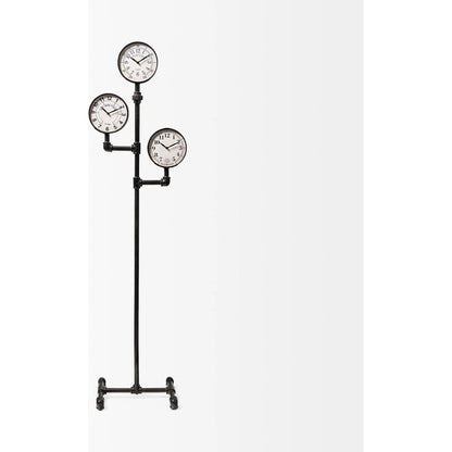 Trifect Iron Pipe Three Face Floor Clock by Mercana in black. Made from metal in a modern style.