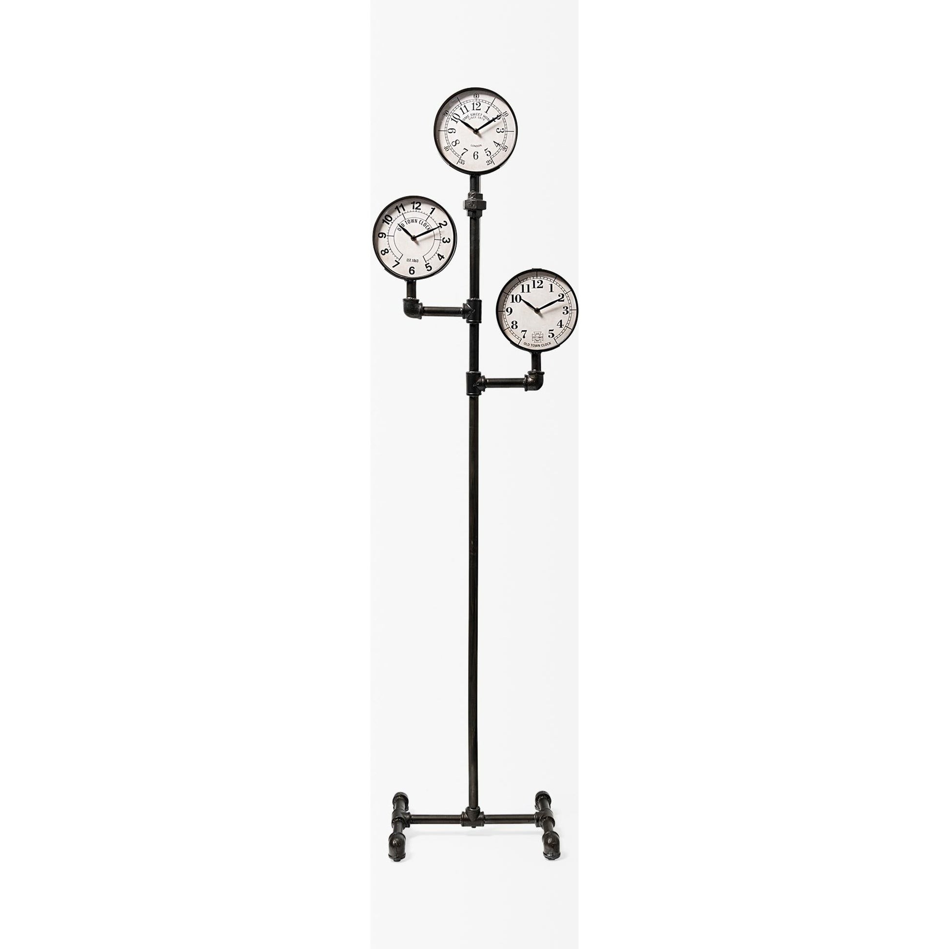 Trifect Iron Pipe Three Face Floor Clock by Mercana in black. Made from metal in a modern style.