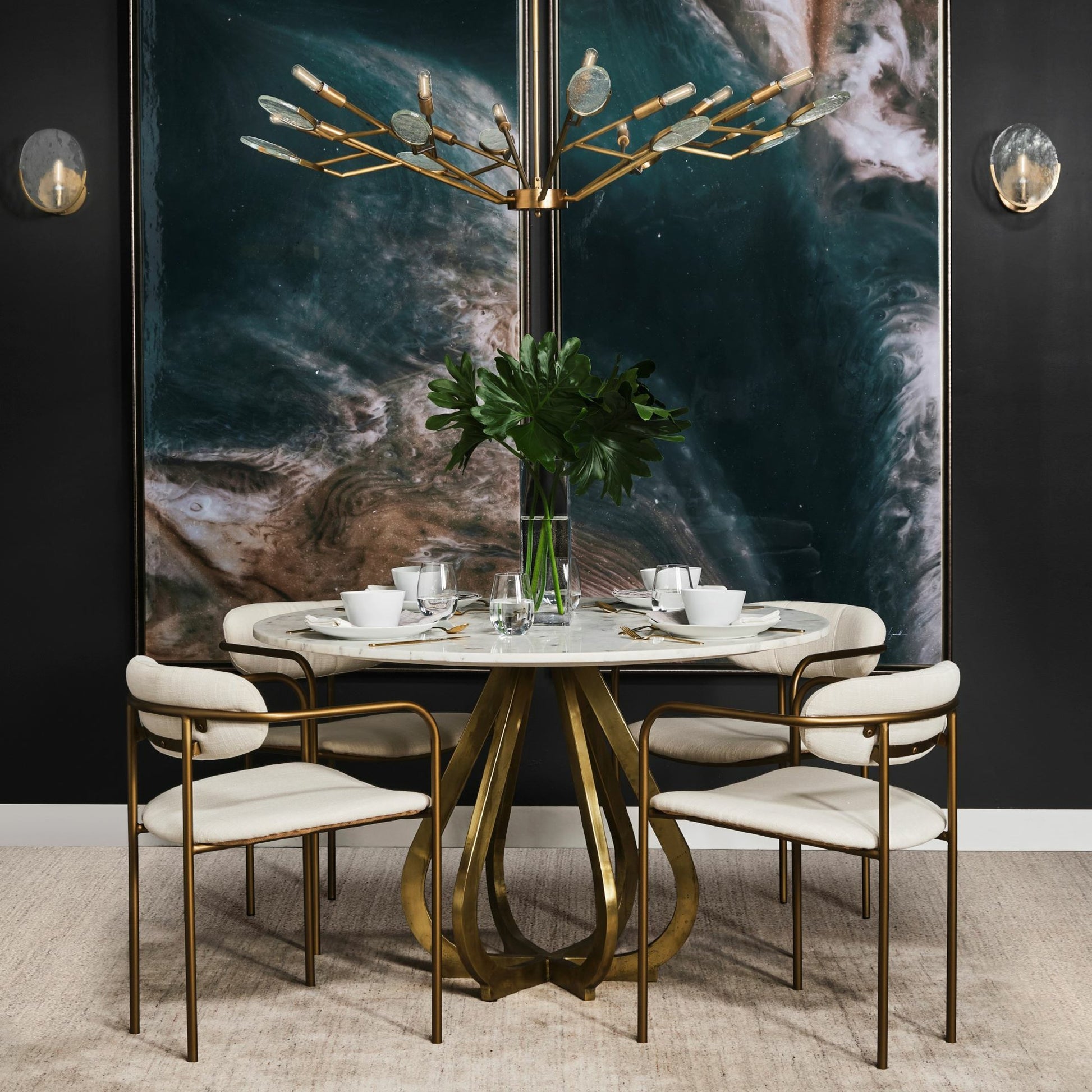 Laurent Dining Table by Mercana in white, brass. Made from marble, metal in a modern style.