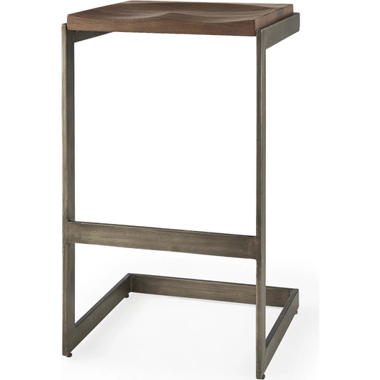 Kiran Wood Seat Bar Stool by Mercana in brown, antique nickel. Made from metal, wood, nickel in a transitional style.