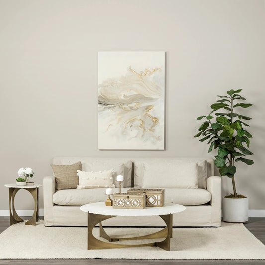 Reinhold End/Side Table by Mercana in white, antique gold. Made from marble, metal in a modern style.